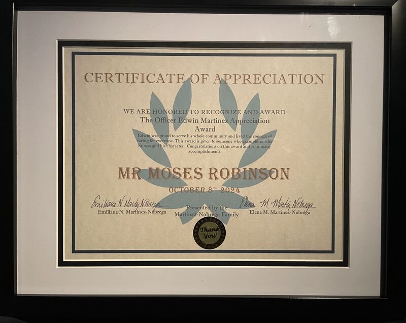 Officer Edwin Martinez Appreciation Award certificate